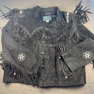 Echo Mountain Mens Black Suede Leather‎ Fringe Beaded Jacket Western Size 48